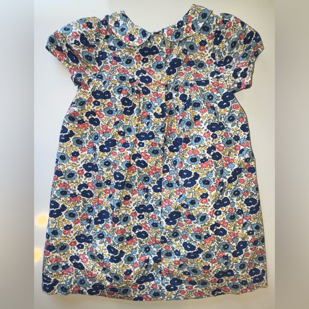 BABY BODEN BLUE / MULTI FLORAL DRESS 100% COTTON SZ 12-18 MONTHS
